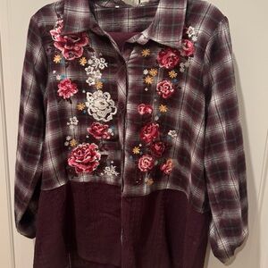 Savanna Jane Burgundy Plaid Blouse with Floral Embroidery & matching leggings